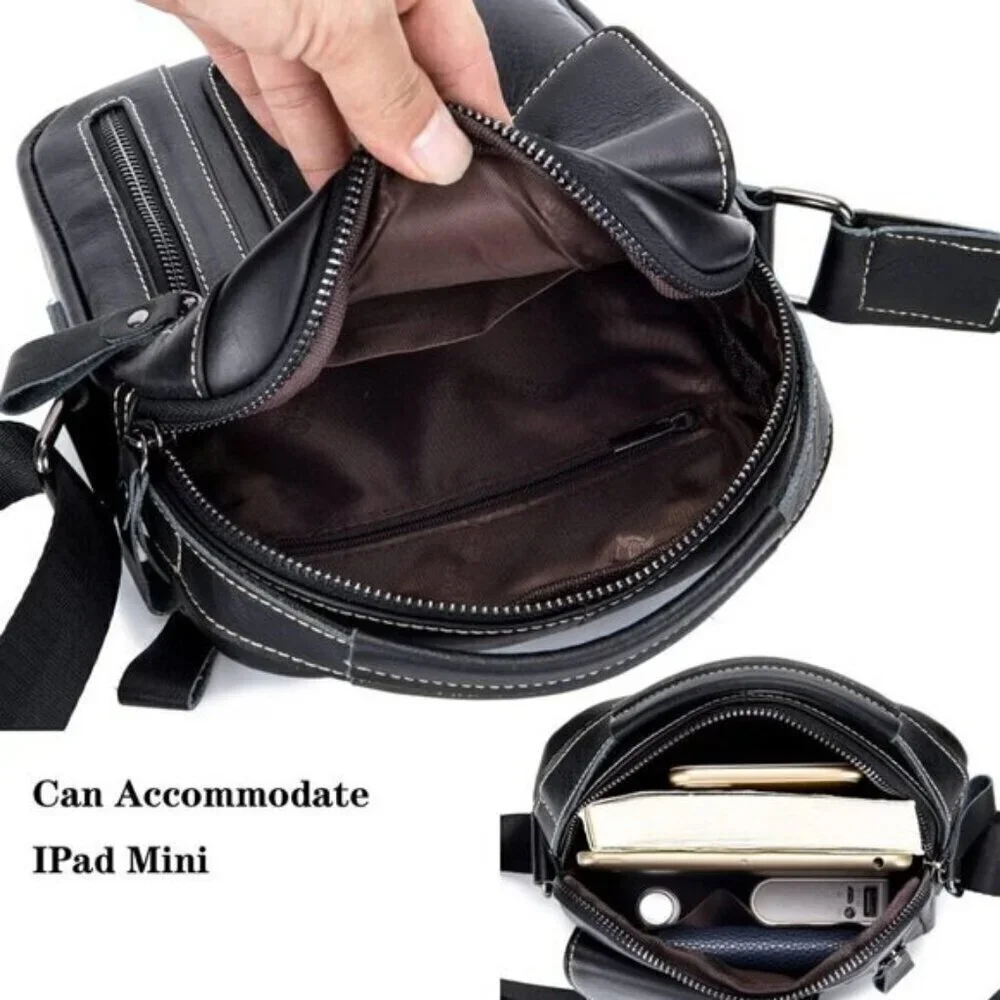 💫 Men Black Leather Genuine Sling Small Pack Crossbody Business Messenger Bags
